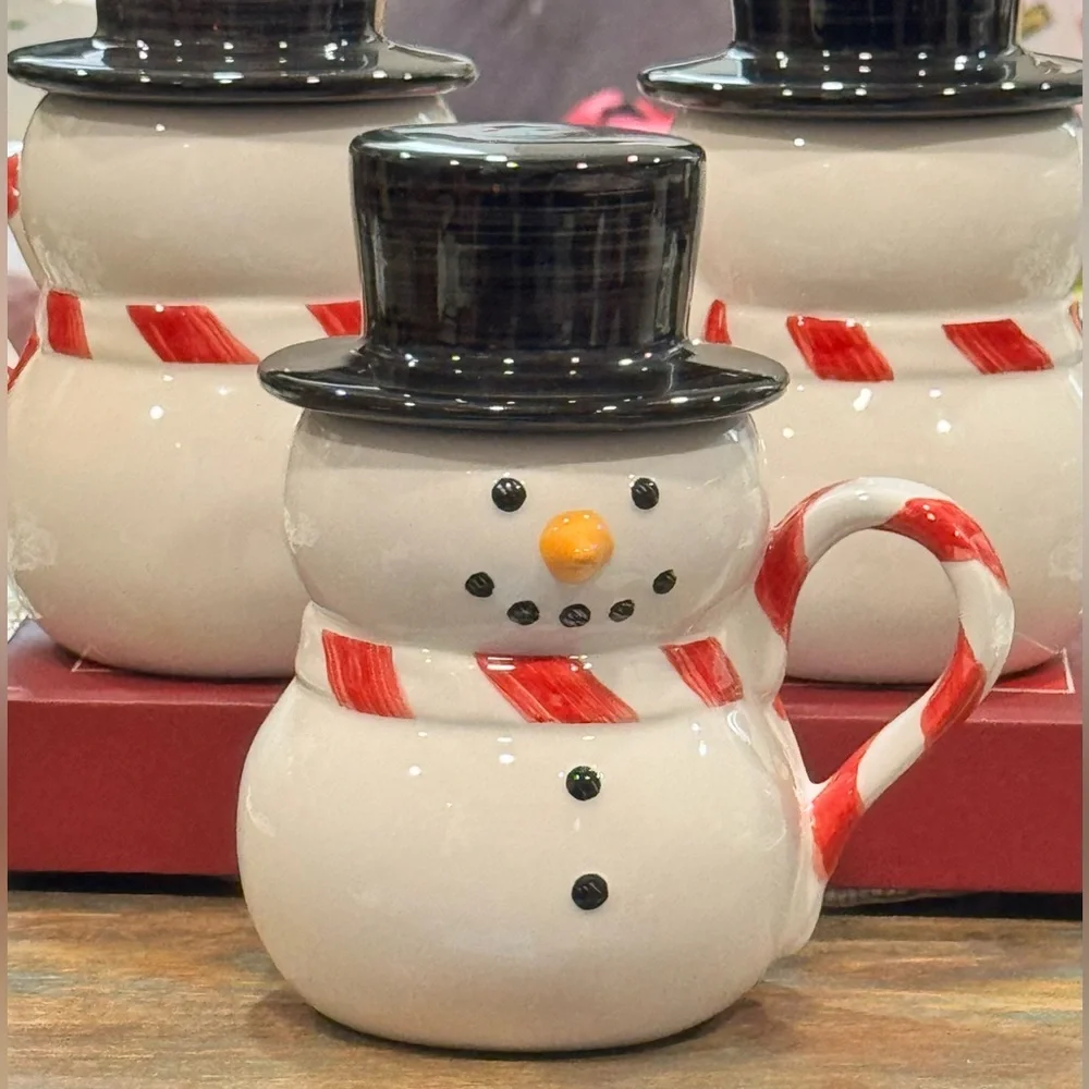 NIB Williams-Sonoma Holiday Snowman Mugs Set of 4 w/ Top Hat Lids – New in Box